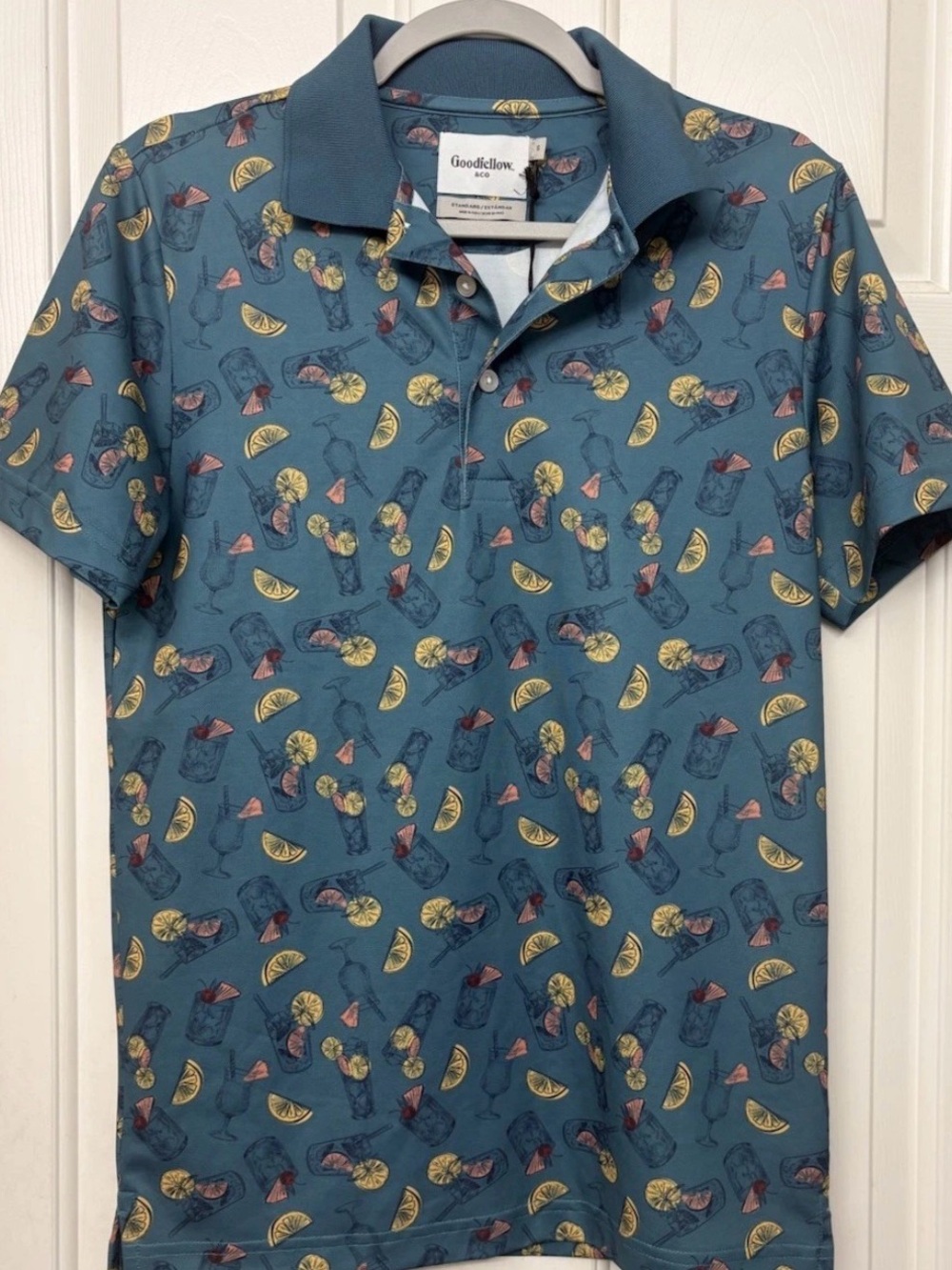 Men Small Polo Shirt Blue Tropical Drink Cocktail Cruise Short‎ Sleeve vacation
